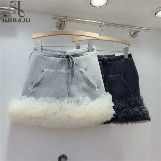 2024 Spring Summer New Drawstring Elastic Waist Pocket Multi Layer Lace Decoration Mini Skirt Women