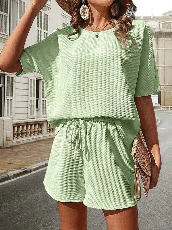 2024 Spring Summer New Fashion Style women lady Casual  New Short Sleeved Shirt  Shorts Pure Color Two Piece Set