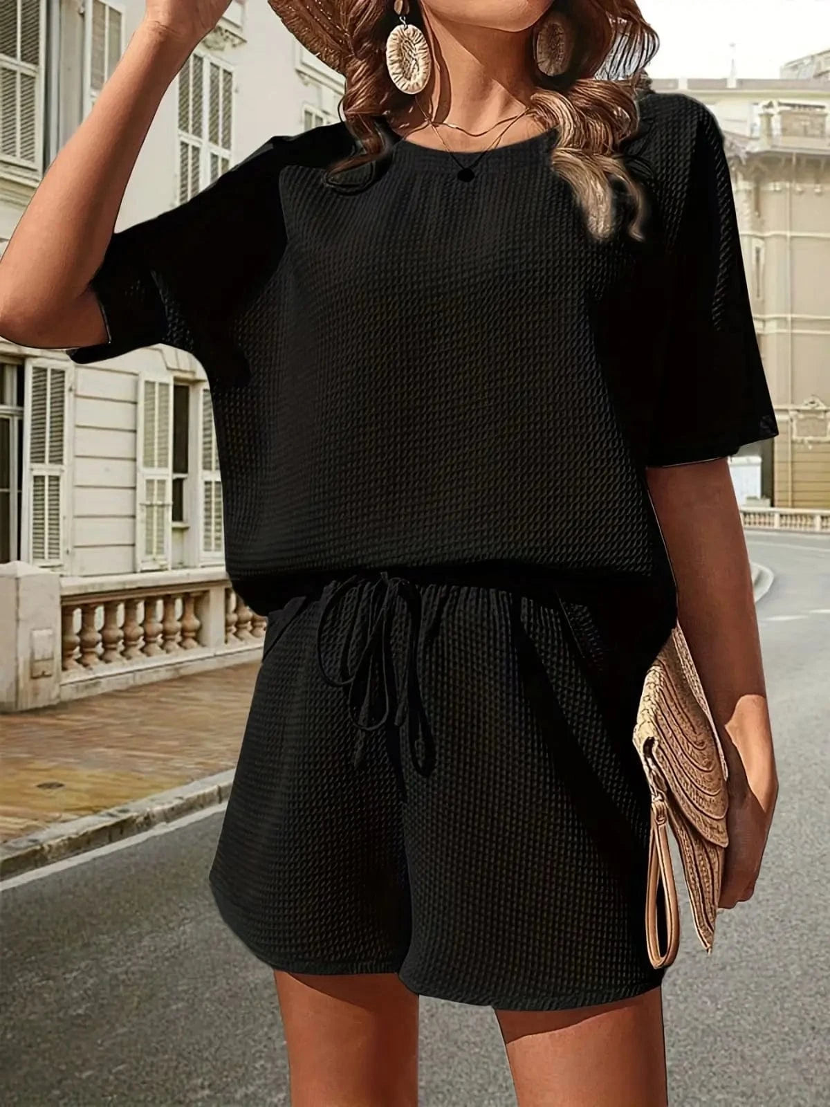 2024 Spring Summer New Fashion Style women lady Casual  New Short Sleeved Shirt  Shorts Pure Color Two Piece Set