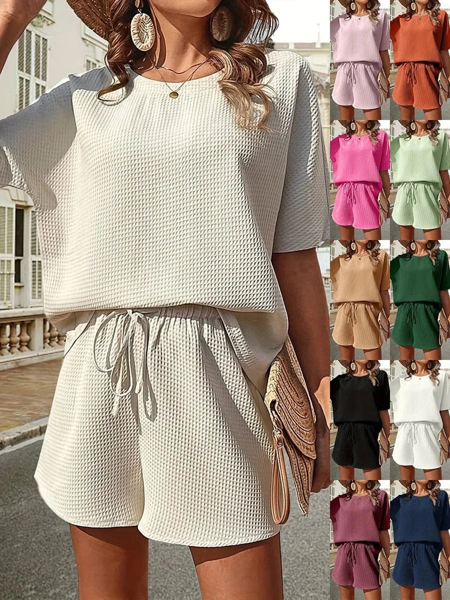 2024 Spring Summer New Fashion Style women lady Casual  New Short Sleeved Shirt  Shorts Pure Color Two Piece Set