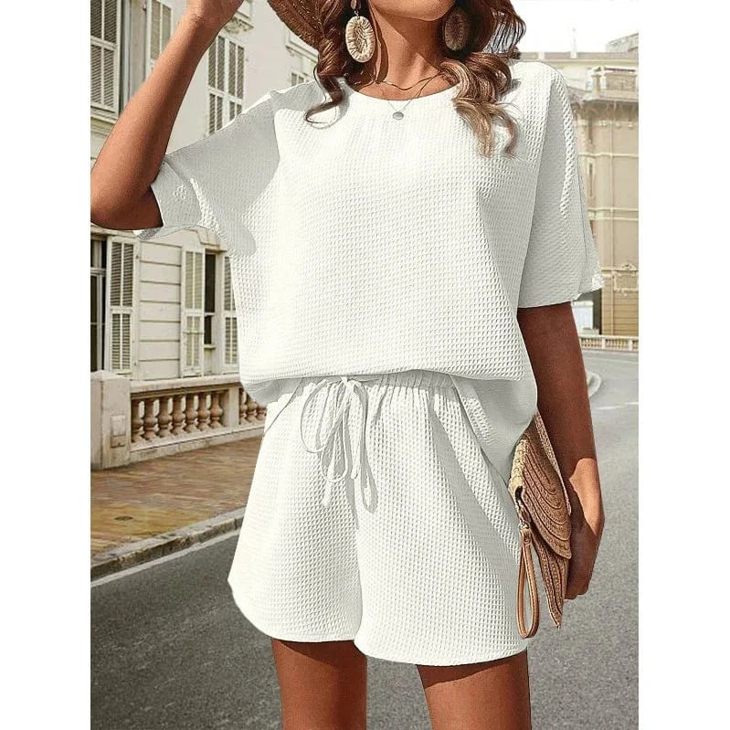 2024 Spring Summer New Fashion Style women lady Casual  New Short Sleeved Shirt  Shorts Pure Color Two Piece Set
