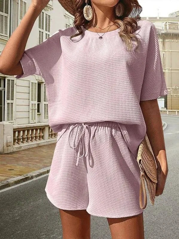 2024 Spring Summer New Fashion Style women lady Casual  New Short Sleeved Shirt  Shorts Pure Color Two Piece Set