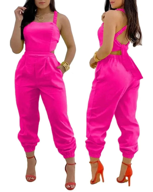 2024 Spring/Summer New Fashionable Casual Suspender Backless Pants Printed High Waist jumpsuit Women's Set