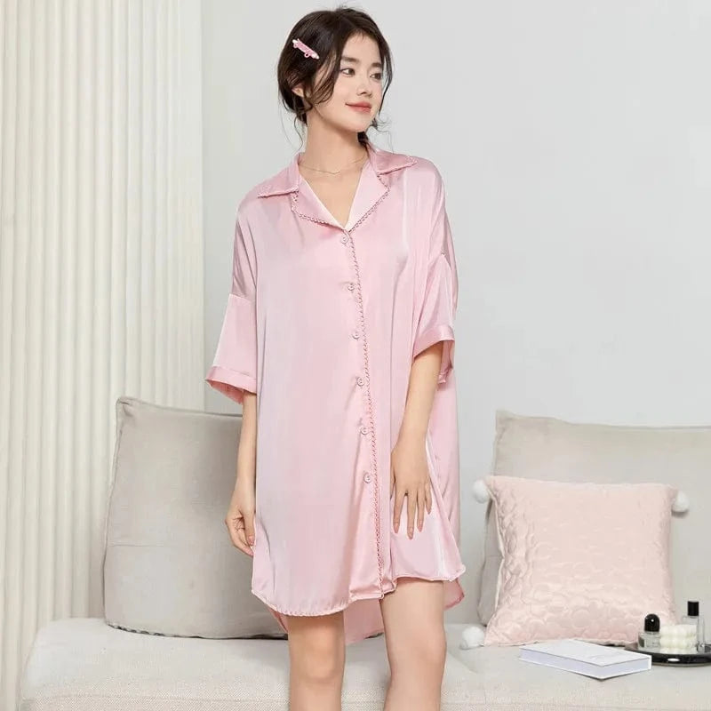 2024 spring/summer new lapel ladies pajamas shirt open button nightdress silk solid color nightgown elegant plus size sleepwear