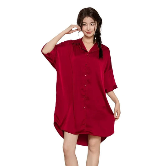 2024 spring/summer new lapel ladies pajamas shirt open button nightdress silk solid color nightgown elegant plus size sleepwear
