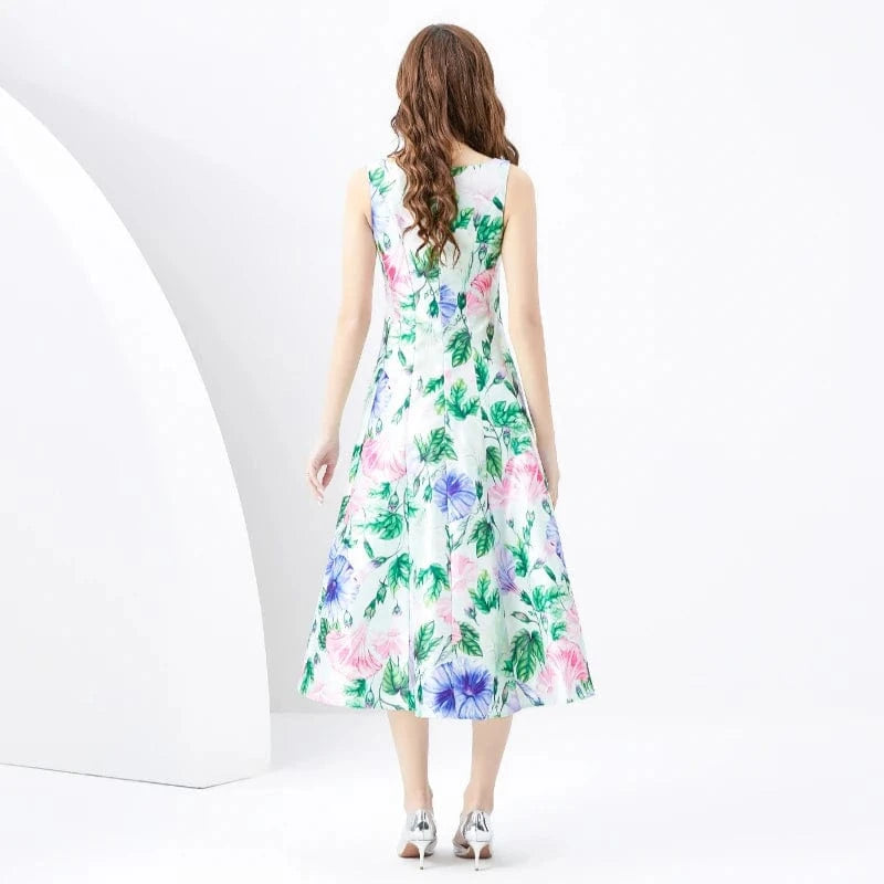 2024 Spring/Summer Retro Standing Cut V-neck Sleeveless Wide Swing Printed Long Dress KL6252075