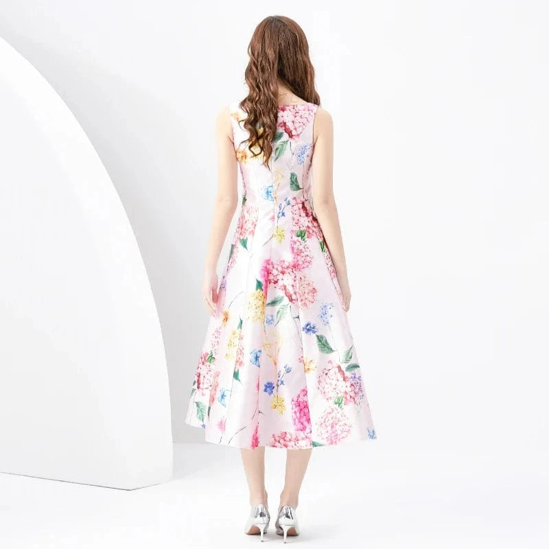 2024 Spring/Summer Retro Standing Cut V-neck Sleeveless Wide Swing Printed Long Dress KL6252075