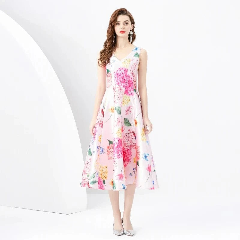 2024 Spring/Summer Retro Standing Cut V-neck Sleeveless Wide Swing Printed Long Dress KL6252075
