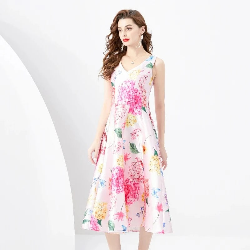 2024 Spring/Summer Retro Standing Cut V-neck Sleeveless Wide Swing Printed Long Dress KL6252075