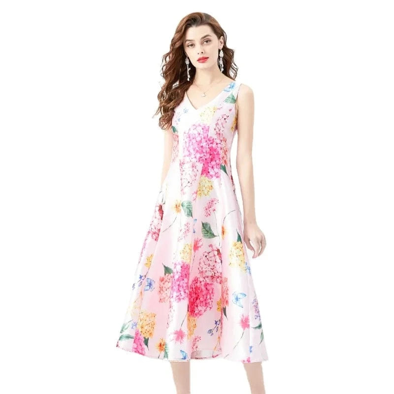 2024 Spring/Summer Retro Standing Cut V-neck Sleeveless Wide Swing Printed Long Dress KL6252075