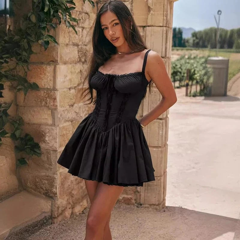 2024 Spring Summer Sexy Ball Gown Mini Dress Women Back Bandage Lace Patchwork Slim Waist Spaghetti Strap Short Party Dresses