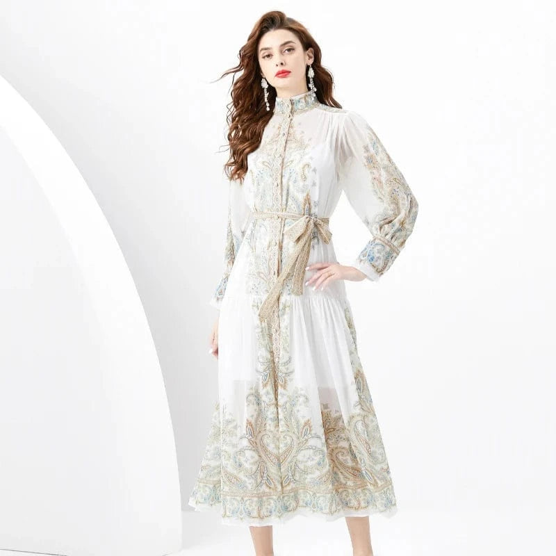 2024 Spring/Summer Standing Neck Lantern Sleeves Wave Edge Long Retro Print Dress KL6225085