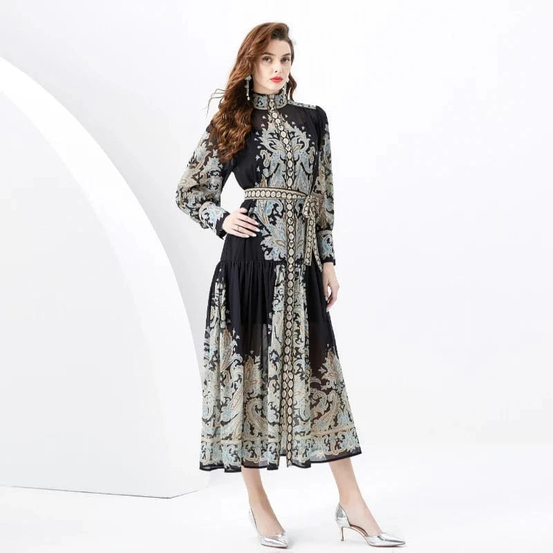 2024 Spring/Summer Standing Neck Lantern Sleeves Wave Edge Long Retro Print Dress KL6225085