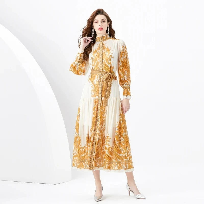 2024 Spring/Summer Standing Neck Lantern Sleeves Wave Edge Long Retro Print Dress KL6225085