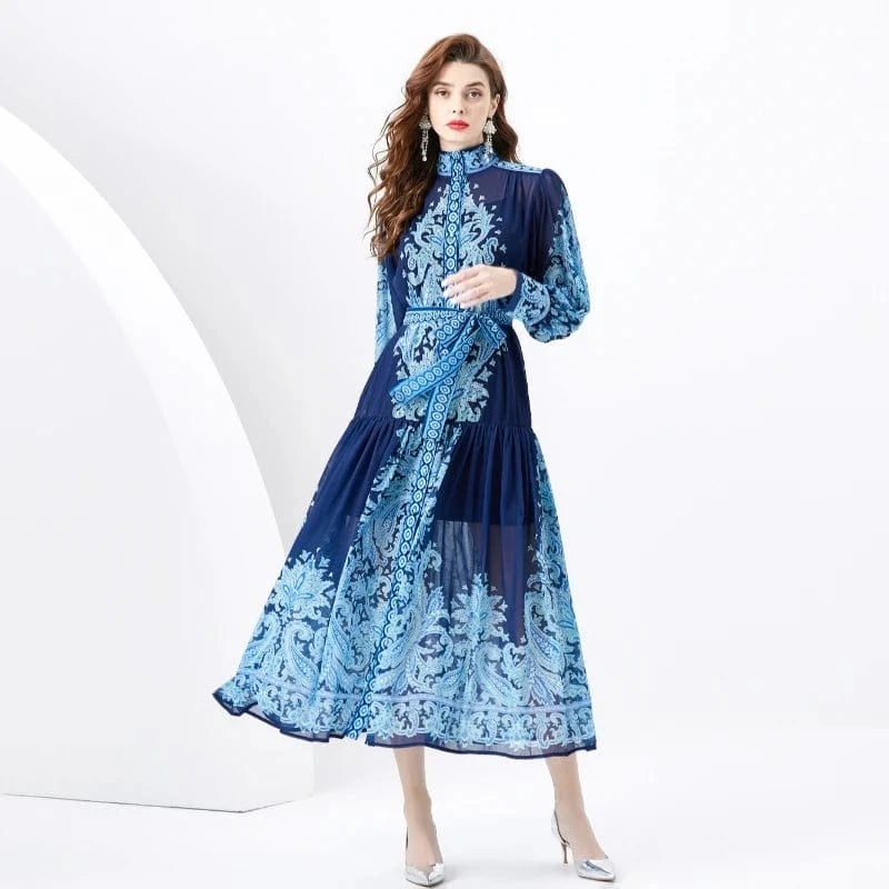 2024 Spring/Summer Standing Neck Lantern Sleeves Wave Edge Long Retro Print Dress KL6225085