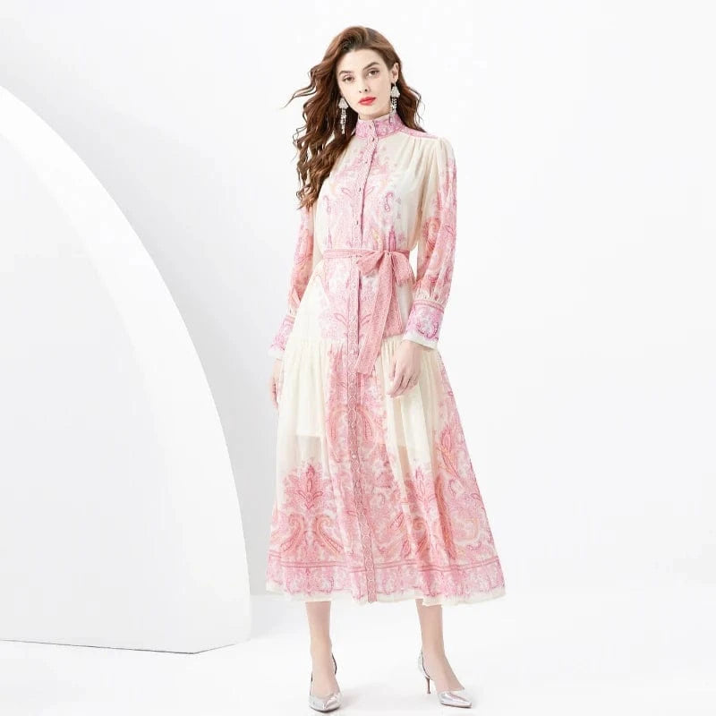 2024 Spring/Summer Standing Neck Lantern Sleeves Wave Edge Long Retro Print Dress KL6225085