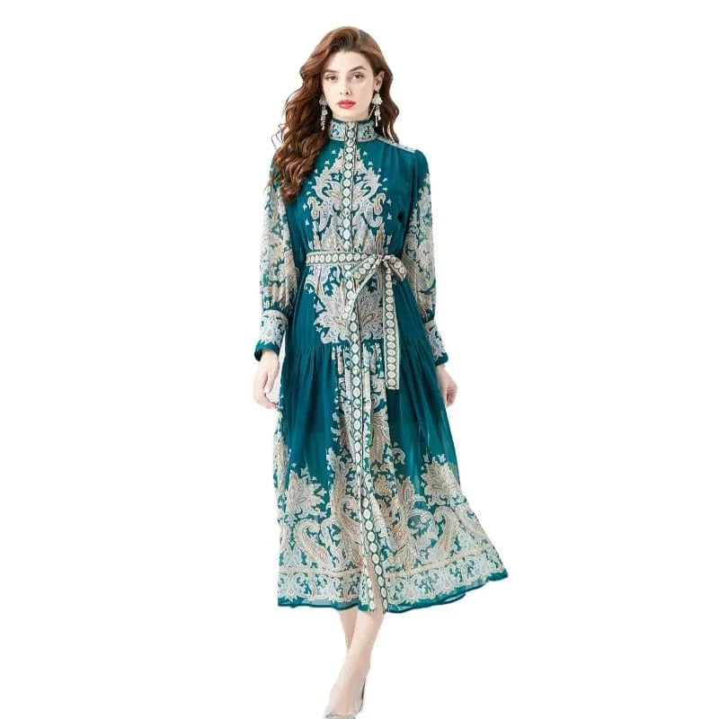 2024 Spring/Summer Standing Neck Lantern Sleeves Wave Edge Long Retro Print Dress KL6225085