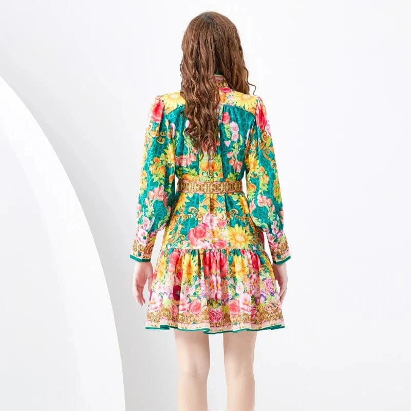 2024 Spring/Summer Standing Neck Lantern Sleeves Wave Edge Mini Retro Print Dress KL6223075