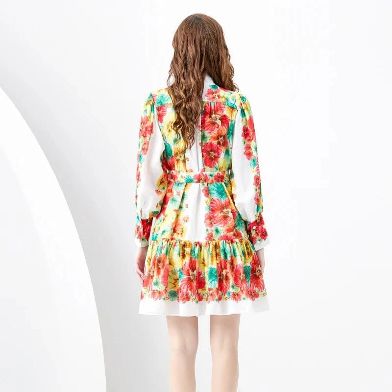 2024 Spring/Summer Standing Neck Lantern Sleeves Wave Edge Mini Retro Print Dress KL6223075