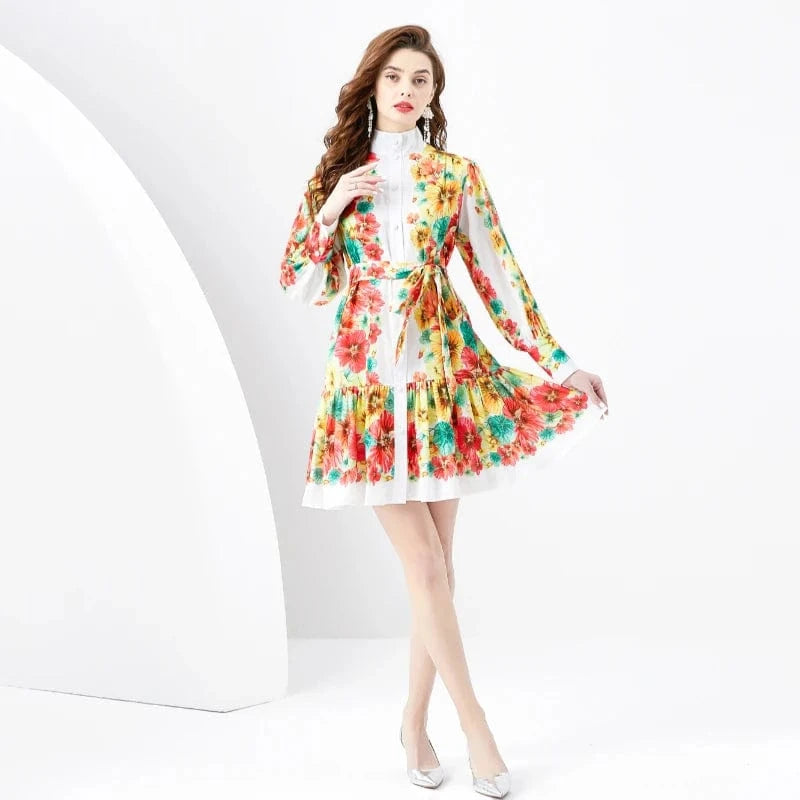 2024 Spring/Summer Standing Neck Lantern Sleeves Wave Edge Mini Retro Print Dress KL6223075