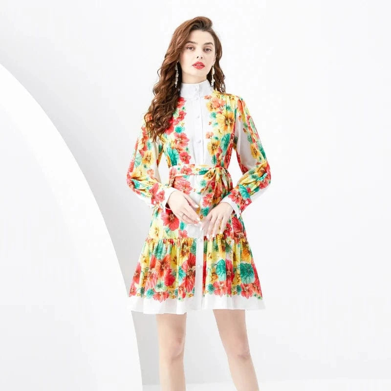 2024 Spring/Summer Standing Neck Lantern Sleeves Wave Edge Mini Retro Print Dress KL6223075