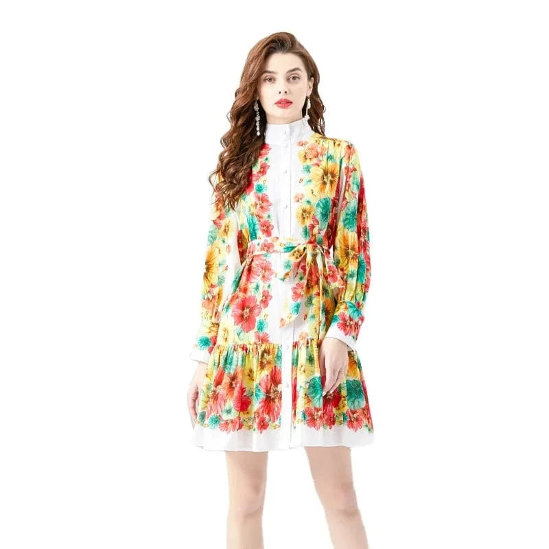 2024 Spring/Summer Standing Neck Lantern Sleeves Wave Edge Mini Retro Print Dress KL6223075
