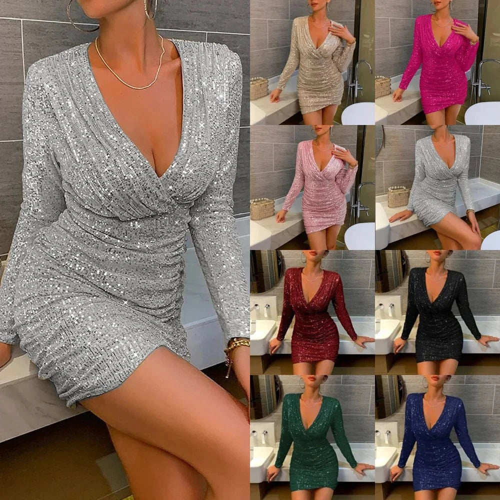 2024 Spring Summer V-neck Women's Sexy V-neck Long Sleeve Sequin Pencil Fashionable Party Short Dress