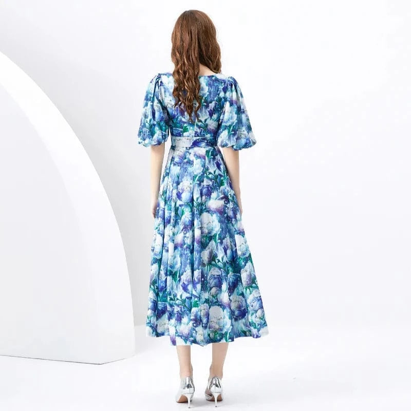 2024 Spring/Summer Vacation Retro Style V-neck Slim Fit Lantern Sleeves Colored Long Dress KL6373088