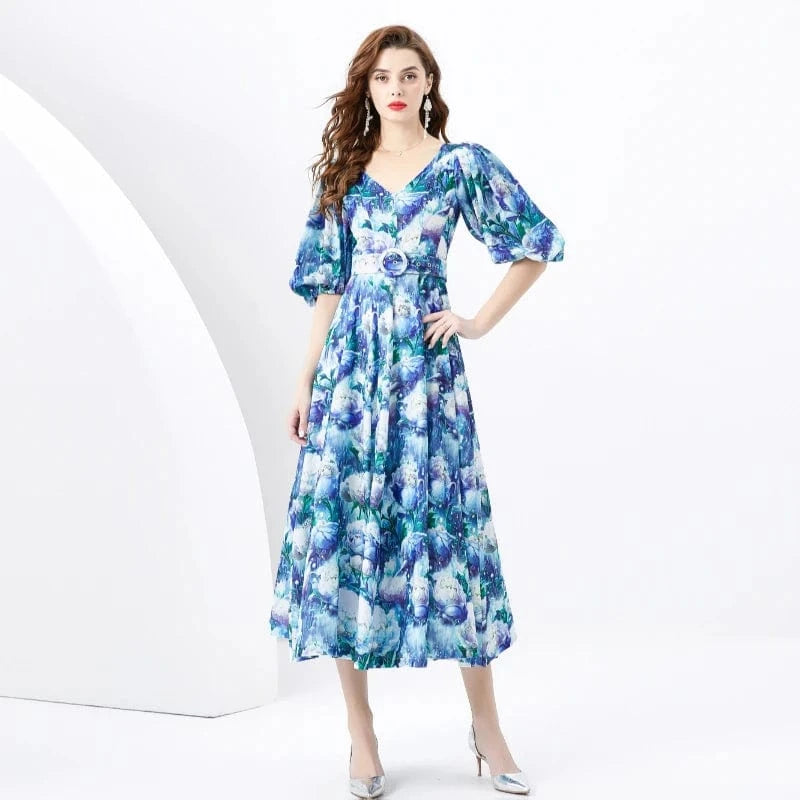 2024 Spring/Summer Vacation Retro Style V-neck Slim Fit Lantern Sleeves Colored Long Dress KL6373088
