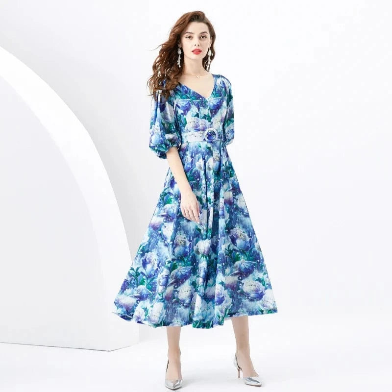 2024 Spring/Summer Vacation Retro Style V-neck Slim Fit Lantern Sleeves Colored Long Dress KL6373088