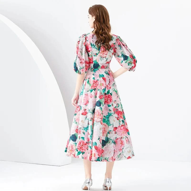 2024 Spring/Summer Vacation Retro Style V-neck Slim Fit Lantern Sleeves Colored Long Dress KL6373088