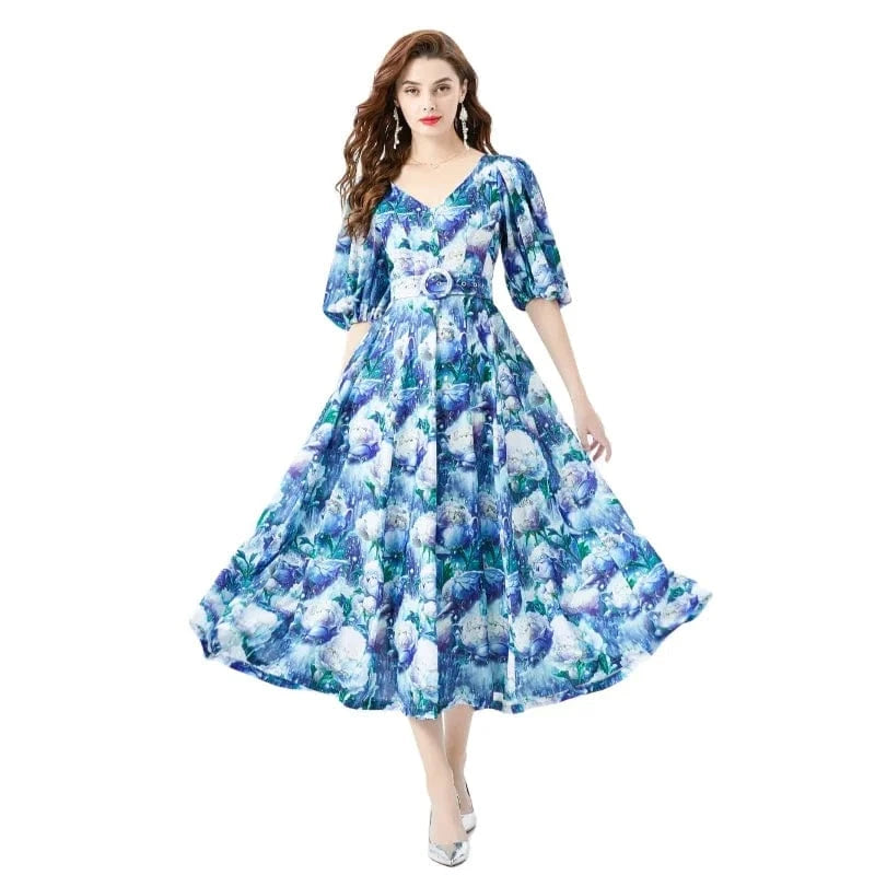 2024 Spring/Summer Vacation Retro Style V-neck Slim Fit Lantern Sleeves Colored Long Dress KL6373088