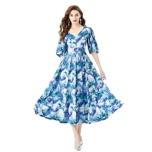 2024 Spring/Summer Vacation Retro Style V-neck Slim Fit Lantern Sleeves Colored Long Dress KL6373088