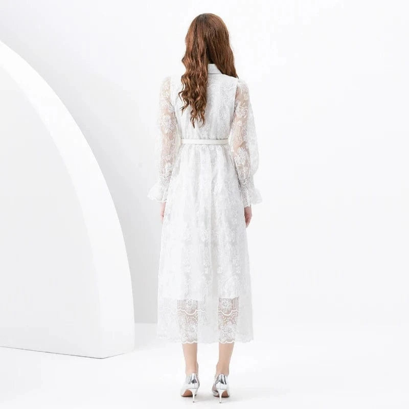 2024 Spring/Summer Vacation Style Retro Polo Collar Single breasted Lace Embroidered Wide Swing Long Dress KL6279098