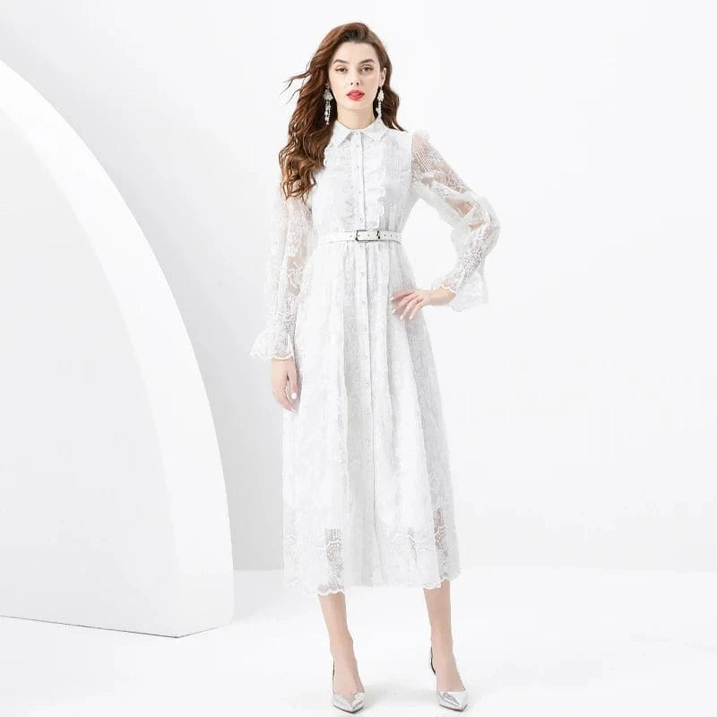 2024 Spring/Summer Vacation Style Retro Polo Collar Single breasted Lace Embroidered Wide Swing Long Dress KL6279098