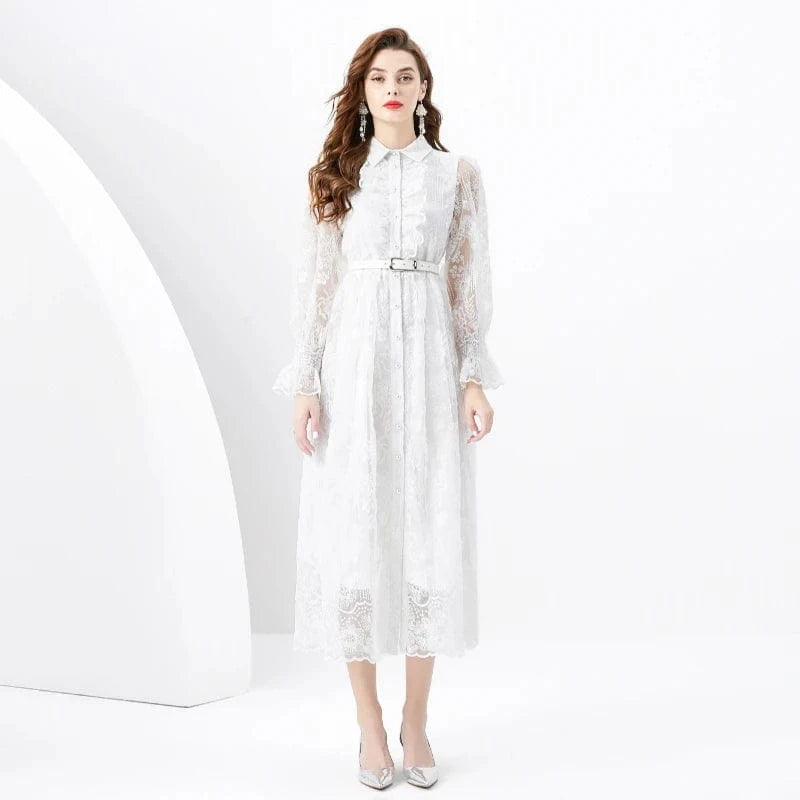 2024 Spring/Summer Vacation Style Retro Polo Collar Single breasted Lace Embroidered Wide Swing Long Dress KL6279098