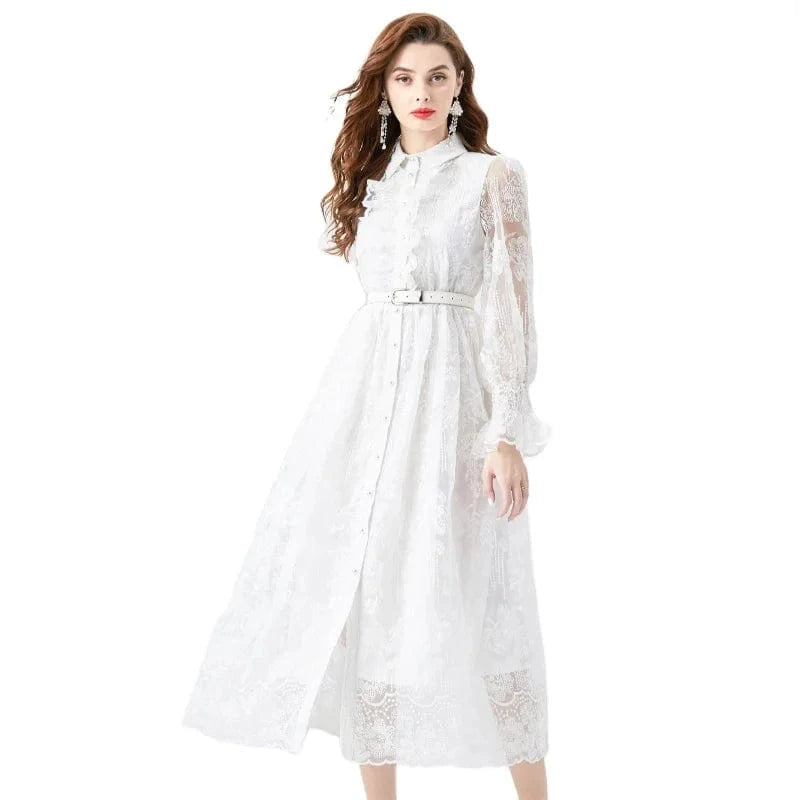 2024 Spring/Summer Vacation Style Retro Polo Collar Single breasted Lace Embroidered Wide Swing Long Dress KL6279098