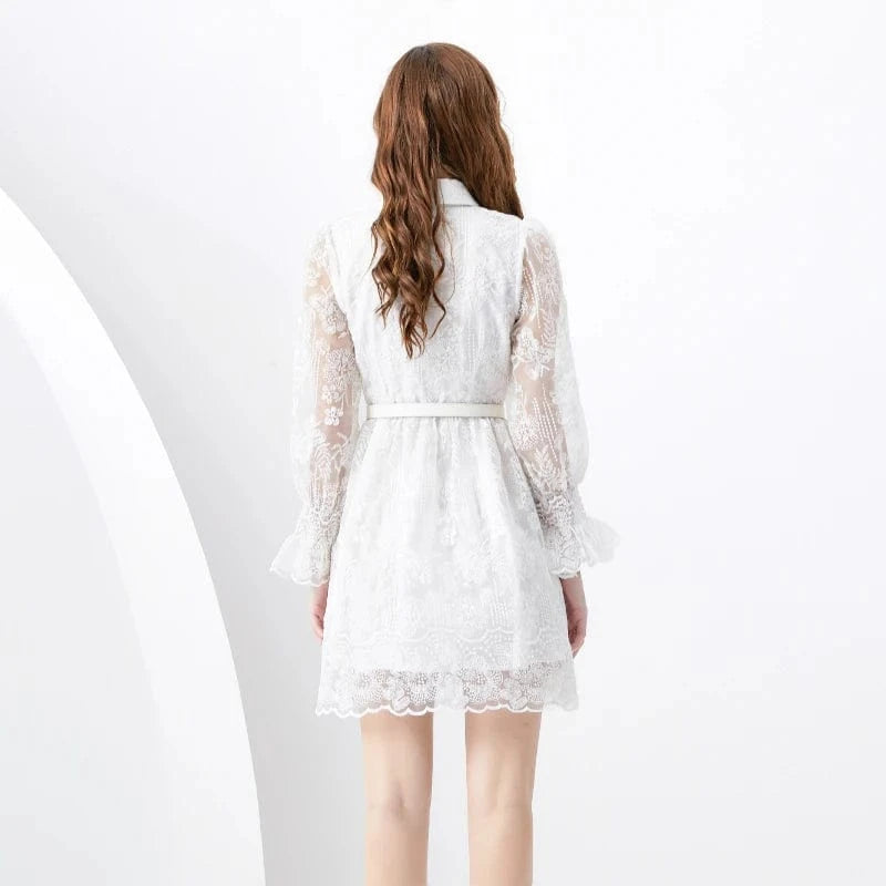 2024 Spring/Summer Vacation Style Retro Polo Collar Single breasted Lace Embroidered Wide Swing Short Mini Dress KL6278088