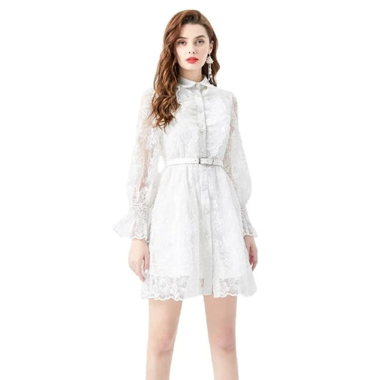 2024 Spring/Summer Vacation Style Retro Polo Collar Single breasted Lace Embroidered Wide Swing Short Mini Dress KL6278088