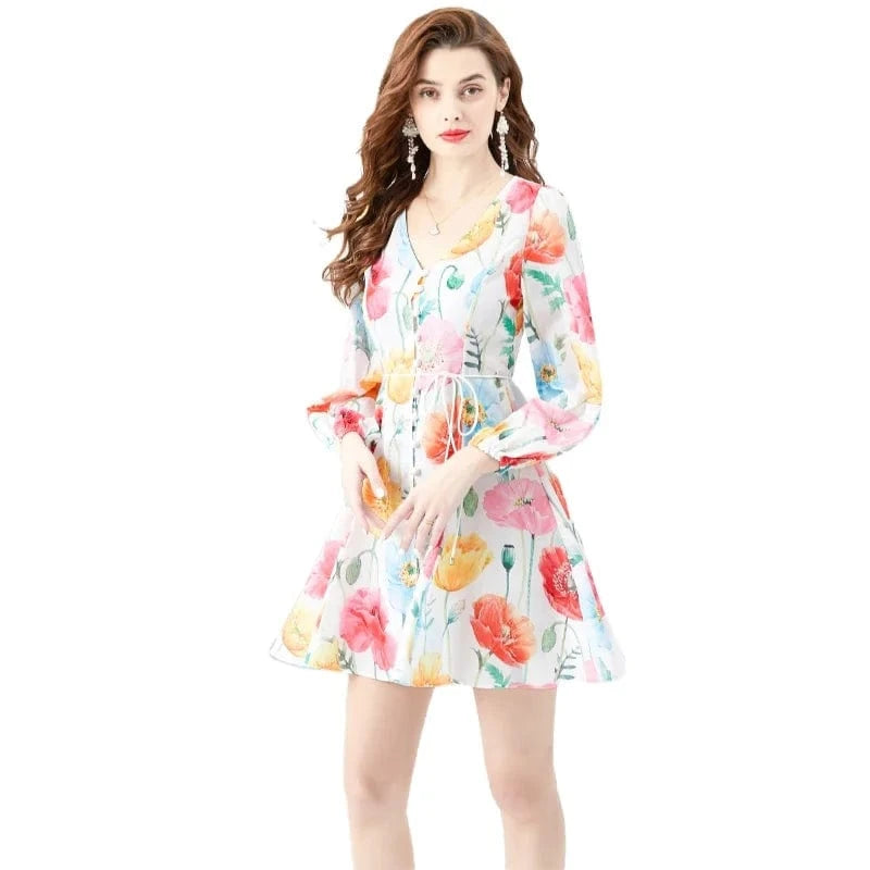 2024 Spring/Summer Vacation Style Retro V-neck Single breasted Printed Wide Swing Short Mini Dress KL6262073