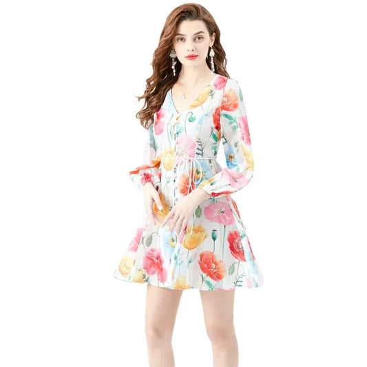 2024 Spring/Summer Vacation Style Retro V-neck Single breasted Printed Wide Swing Short Mini Dress KL6262073