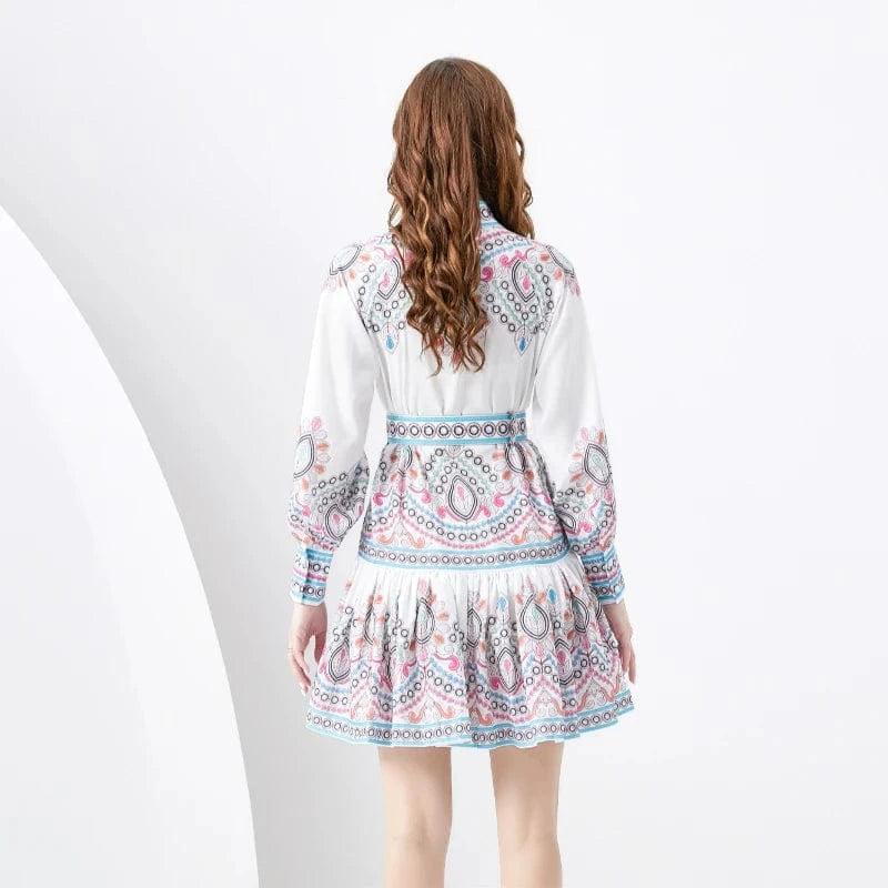 2024 Spring/Summer Vacation Style Stand up Neck Lantern Sleeves Wave Edge Short Mini Retro Print Dress KL6258073