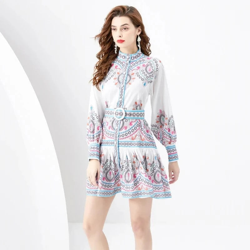 2024 Spring/Summer Vacation Style Stand up Neck Lantern Sleeves Wave Edge Short Mini Retro Print Dress KL6258073