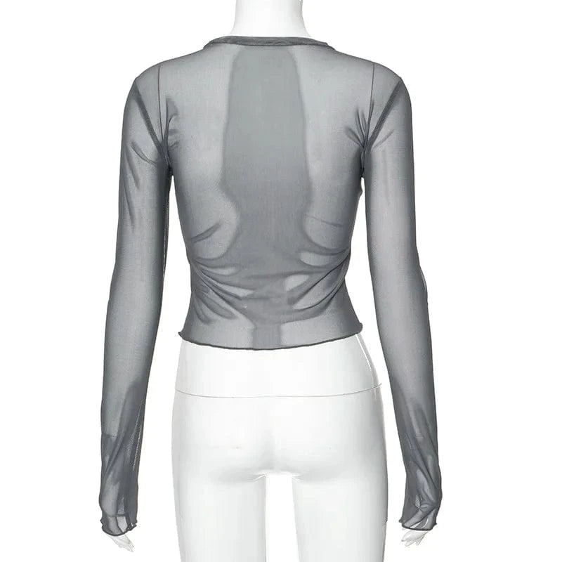 2024 spring wholesale women clothes boutique long sleeve sexy mesh digital print t shirt