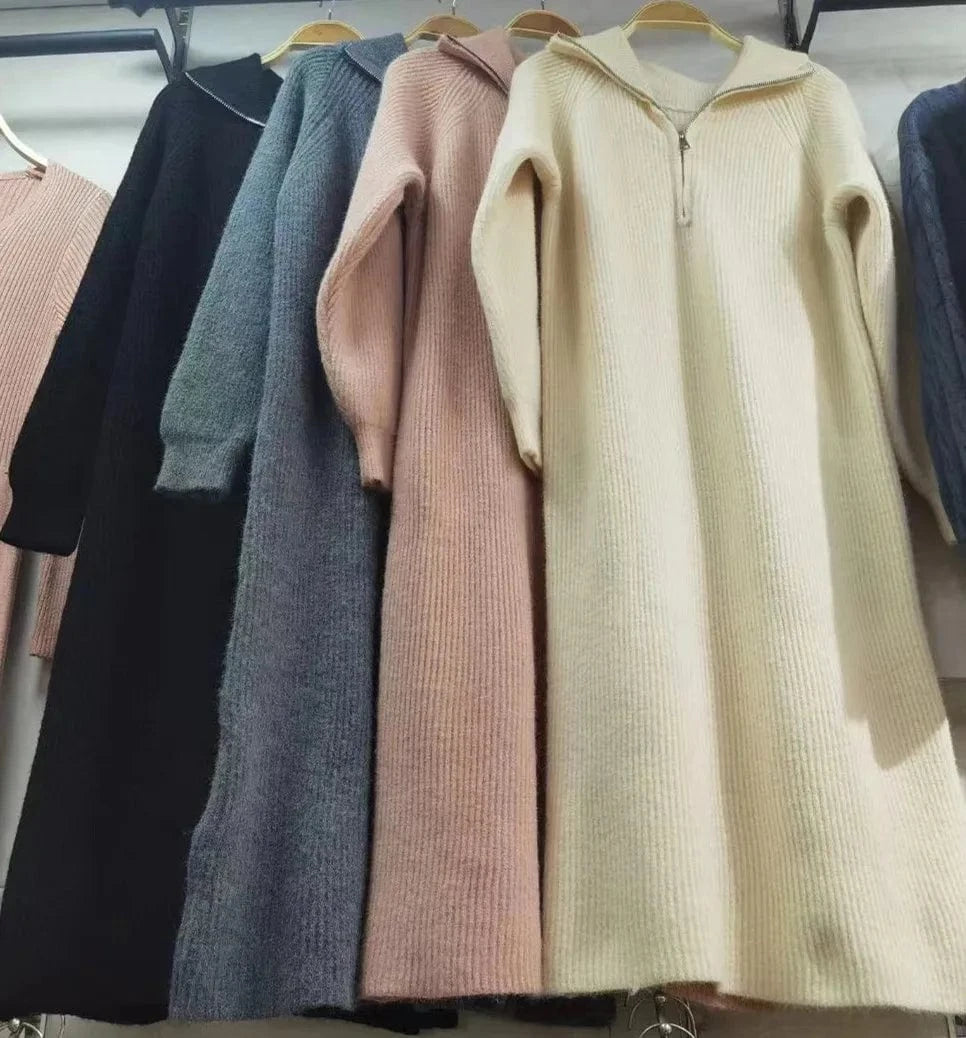 2024 Spring Winter dress high slim waist collection loose solid color half neck zipper leg design ribbed long length skirt