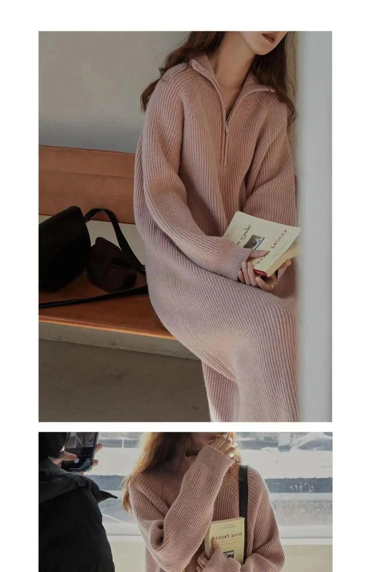 2024 Spring Winter dress high slim waist collection loose solid color half neck zipper leg design ribbed long length skirt