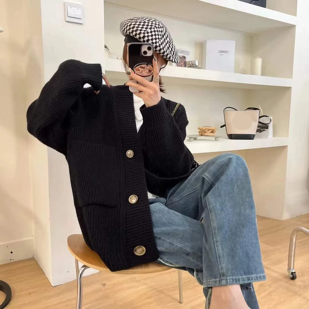 2024 Spring  woman long sleeve classic V-neck middle length cardigan high quality sweater coat