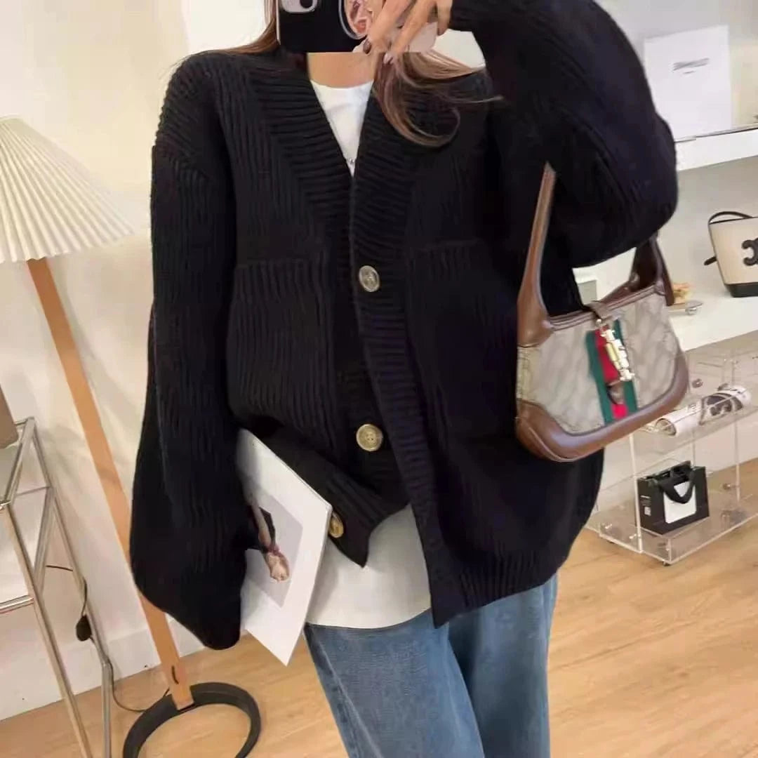2024 Spring  woman long sleeve classic V-neck middle length cardigan high quality sweater coat