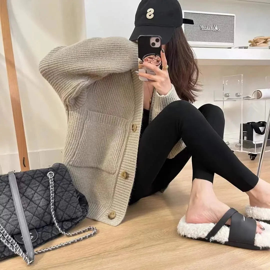 2024 Spring  woman long sleeve classic V-neck middle length cardigan high quality sweater coat