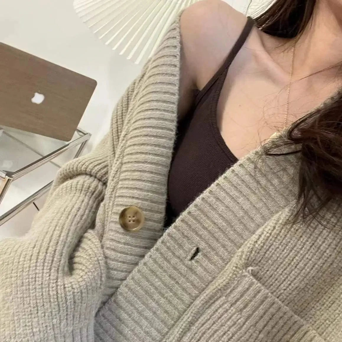 2024 Spring  woman long sleeve classic V-neck middle length cardigan high quality sweater coat